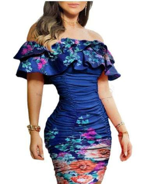 Women's Off Shoulder Ruched Ruffled Bodycon Dress