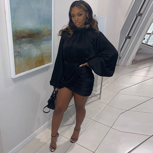 Turtleneck satin silk short bodycon dress