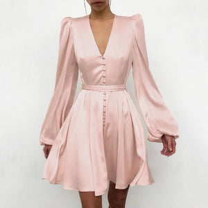 Satin V-Neck Temperament Slim Dress