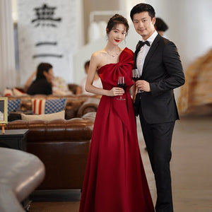 Satin Burgundy Engagement Evening Dress