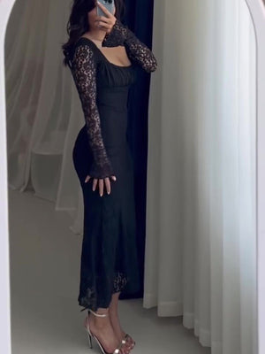 Stylish black square neck bodycon dress with elegant lace panels for parties and nights out