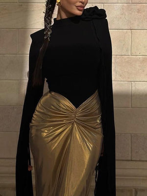 Fashion-forward pleated bodycon dress with long sleeves and contrast design for classy event styling