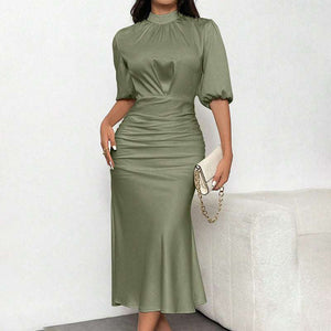 Short Sleeve Ruched Midi Elegant Party Dress