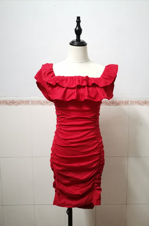 Women's Off Shoulder Ruched Ruffled Bodycon Dress