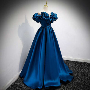 Luxurious blue satin evening dress with classic princess silhouette and radiant finish