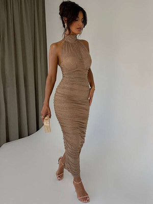 Halter neck backless silver bodycon dress with shimmering finish