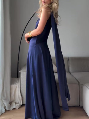 royal blue satin sleeveless maxi dress