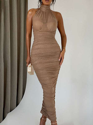 Halter neck backless silver bodycon dress with shimmering finish