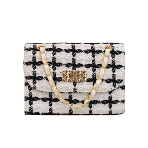 Fashionable woolen PU one shoulder bag with chain detail and compact structured silhouette for modern styling