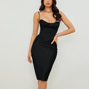 Satin fishbone pleated suspender dress for women