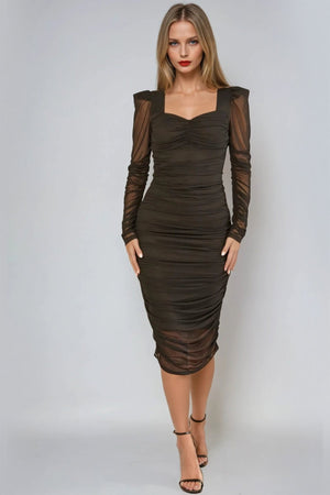 Classic black cocktail dress with ruched mesh fabric and elegant silhouette