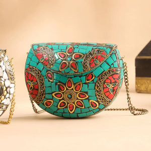 Brass handcrafted mosaic compact sling bag featuring intricate geometric inlay design, vintage-inspired metal finish, adjustable chain strap, and elegant artisan detailing for stylish everyday or evening wear