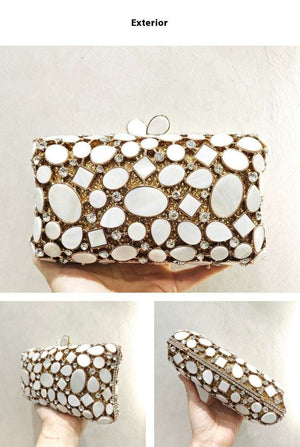 Gold shell clutch handbag embellished with full diamond crystal detailing
