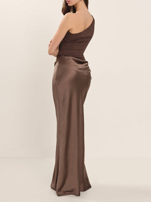 Elegant brown satin formal dress with asymmetric one shoulder neckline and tailored fit
