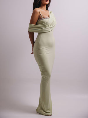 Light green off-the-shoulder rhinestone bodycon dress for women