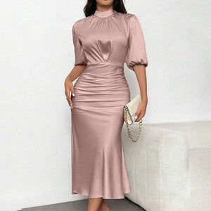 Short Sleeve Ruched Midi Elegant Party Dress