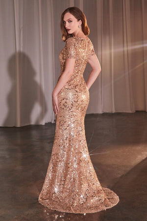 rose gold embellished fit and flare event dress