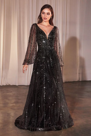 Long sleeve beaded A-line dress for elegant evening wear