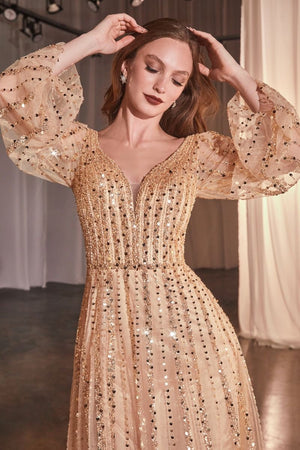 Long sleeve beaded A-line dress for elegant evening wear