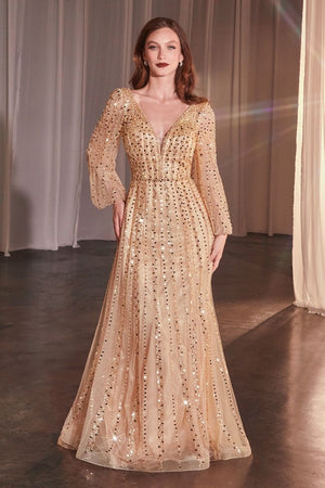 Long sleeve beaded A-line dress for elegant evening wear