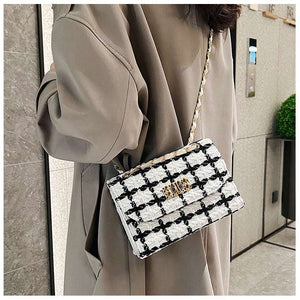 Fashionable woolen PU one shoulder bag with chain detail and compact structured silhouette for modern styling