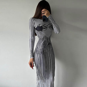 women’s striped long-sleeve bodycon dress