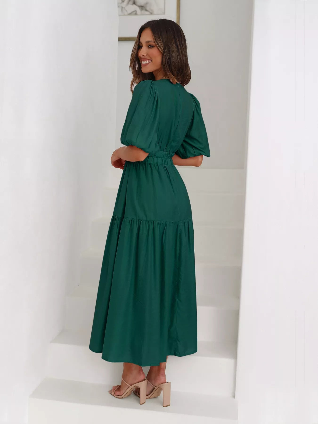 Textured white surplice short sleeve midi dress