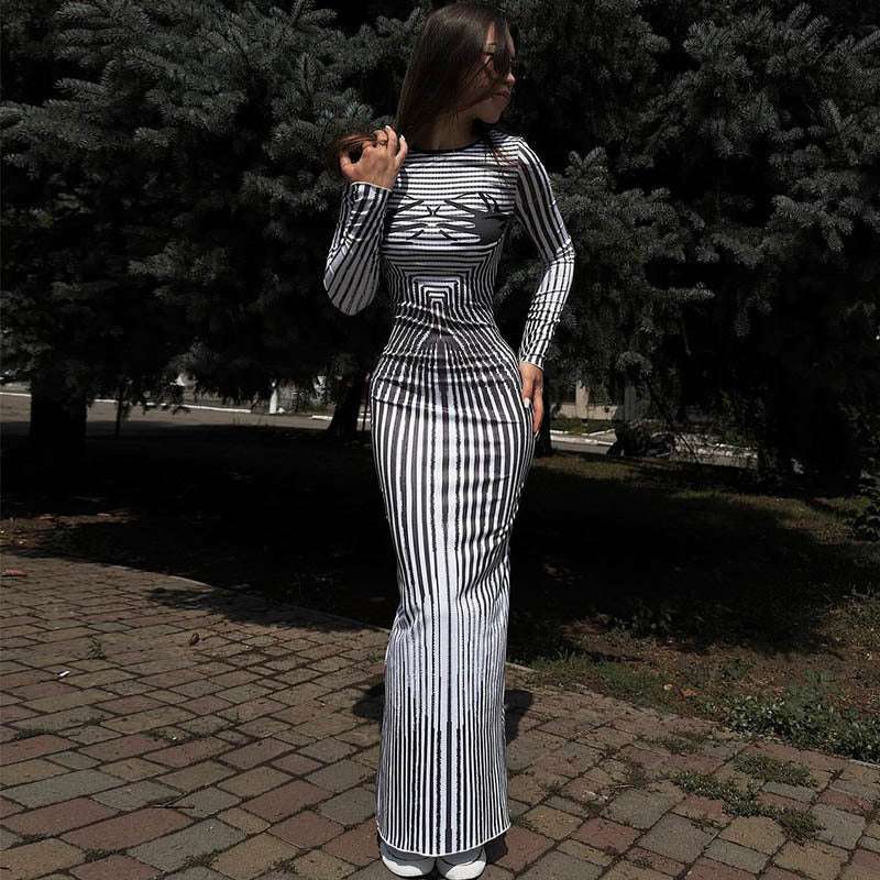 women’s striped long-sleeve bodycon dress