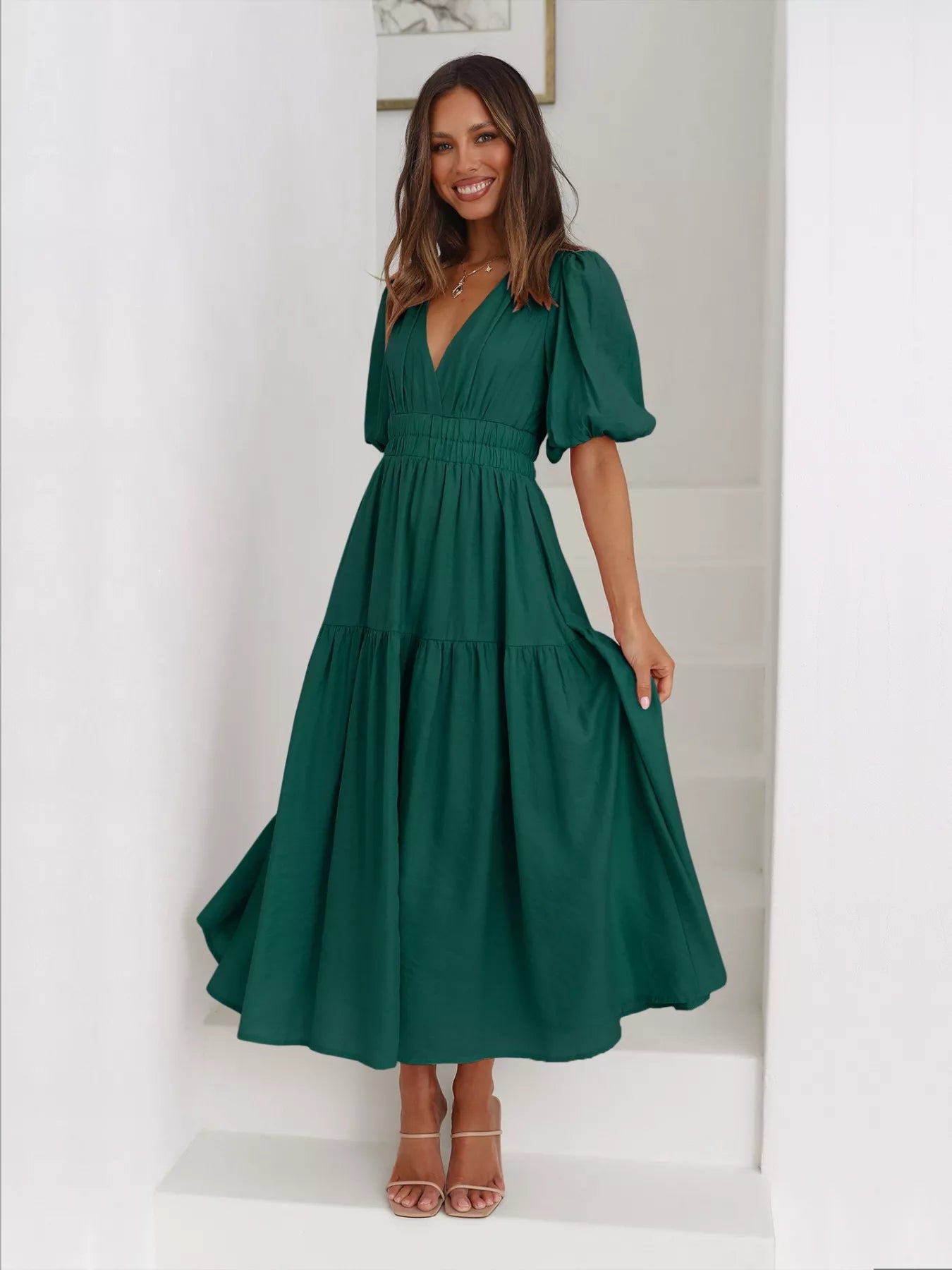 Textured white surplice short sleeve midi dress