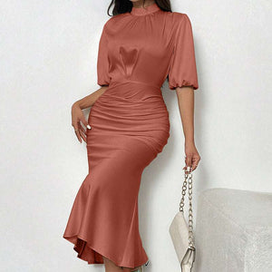 Short Sleeve Ruched Midi Elegant Party Dress