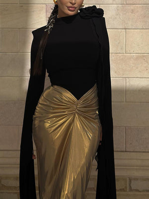 Fashion-forward pleated bodycon dress with long sleeves and contrast design for classy event styling