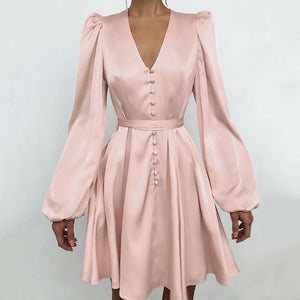Satin V-Neck Temperament Slim Dress