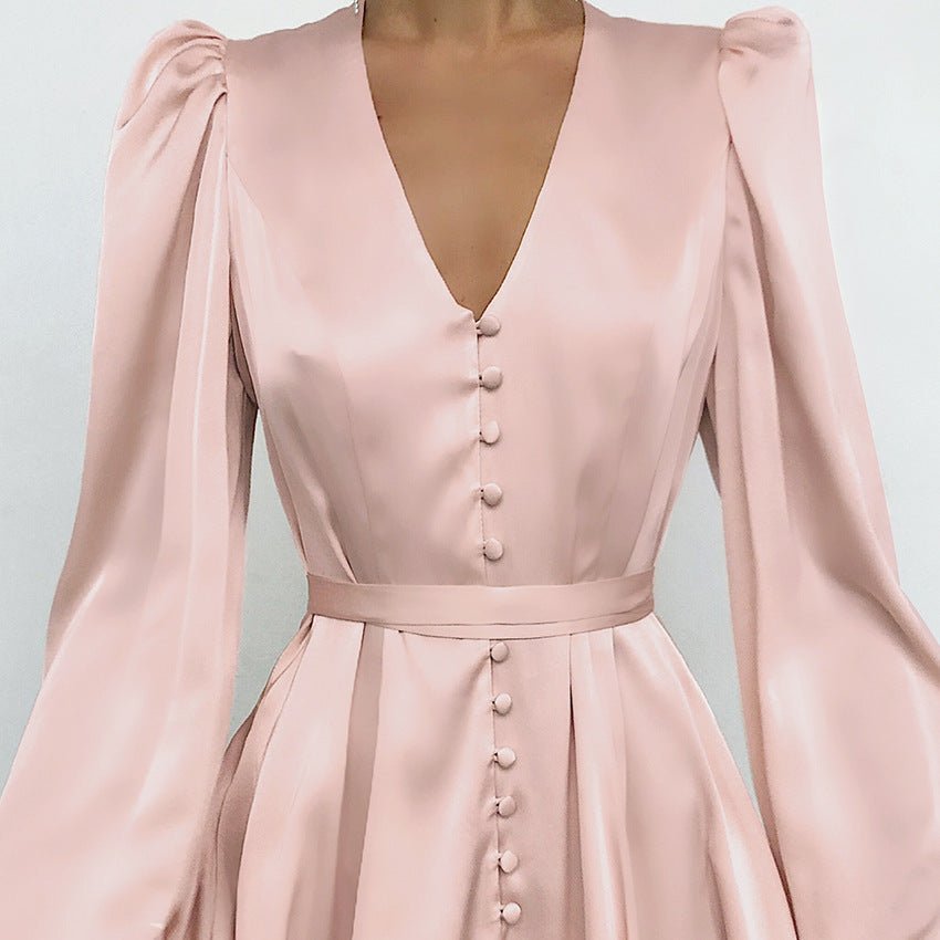 Satin V-Neck Temperament Slim Dress