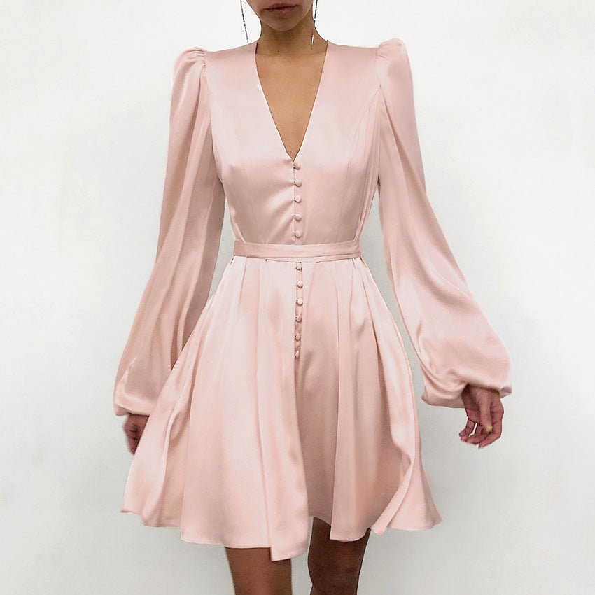 Satin V-Neck Temperament Slim Dress
