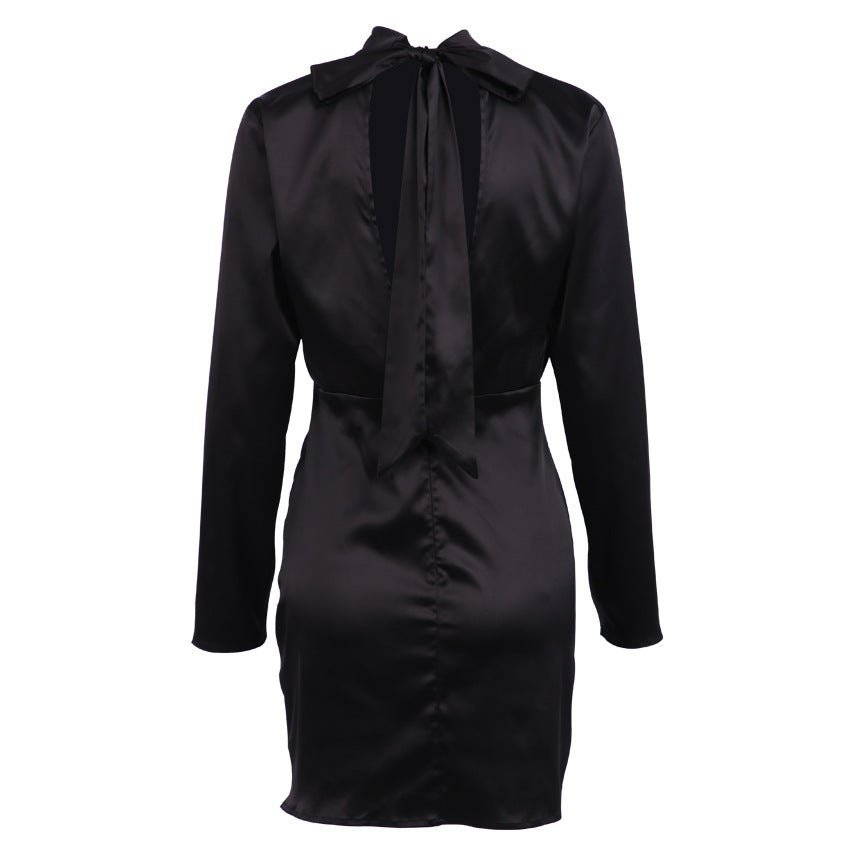 Chic mini dress featuring satin waistband and structured polyester fabric