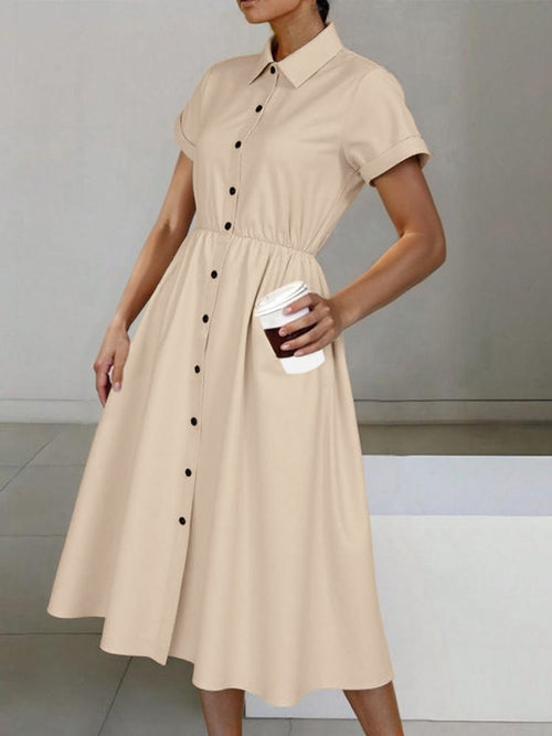 Light beige button-front midi dress with collar, short sleeves, waist tie, and pockets.