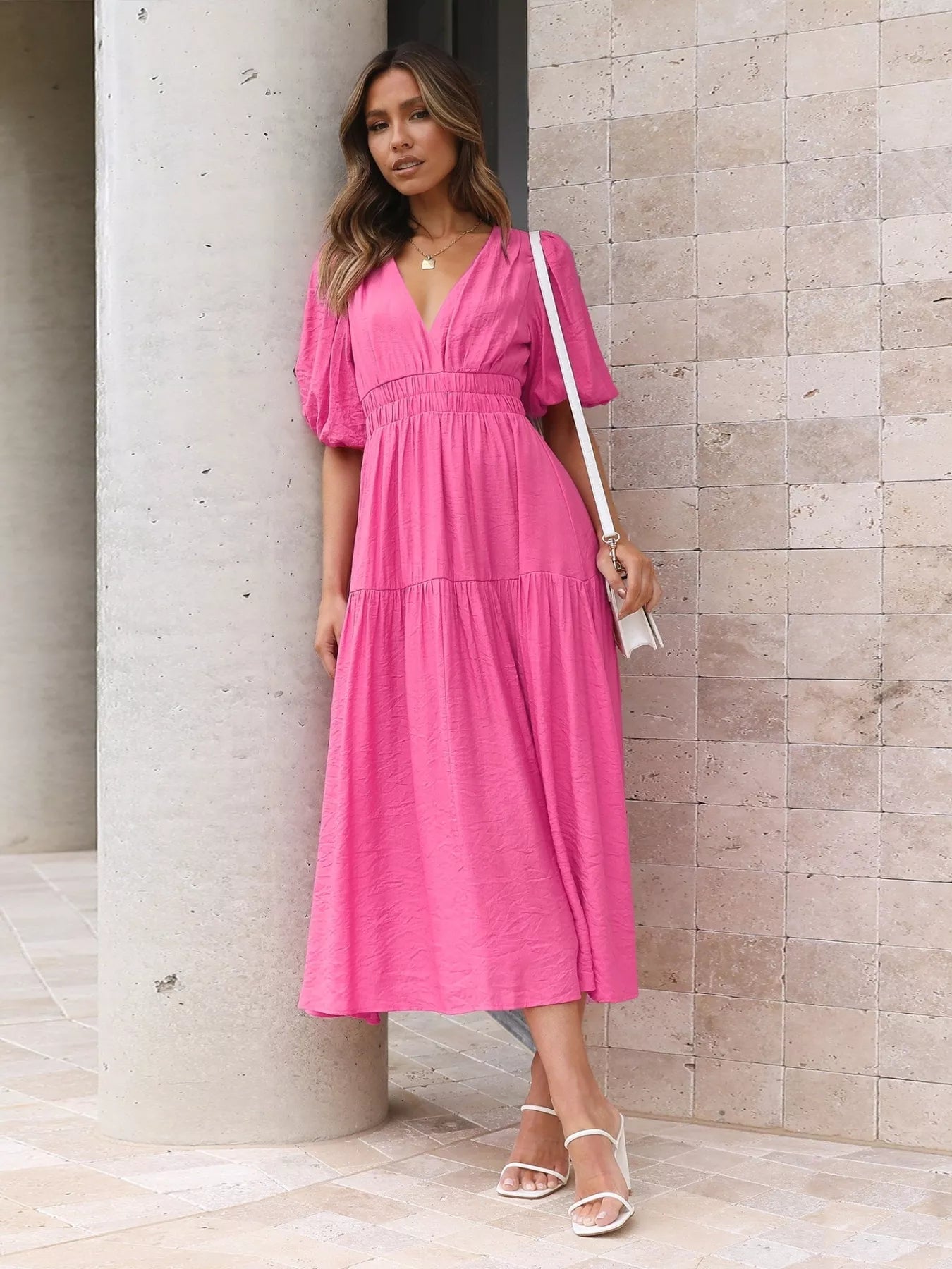 Textured white surplice short sleeve midi dress