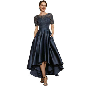 Womens navy blue short sleeve lace satin dress
