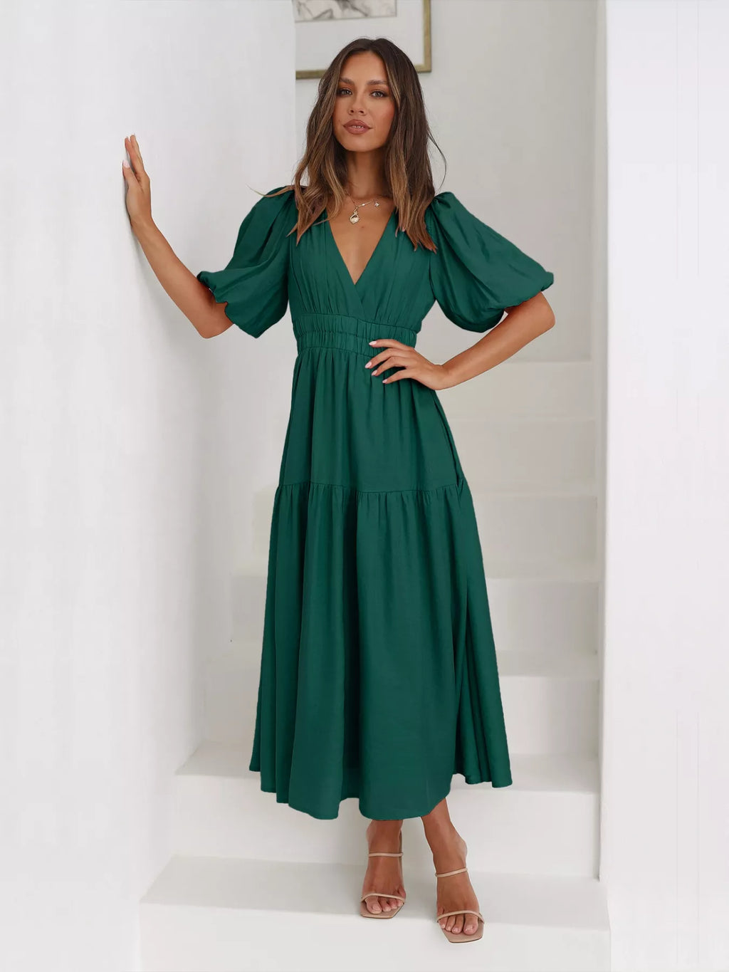 Textured white surplice short sleeve midi dress