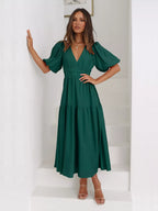 Textured white surplice short sleeve midi dress