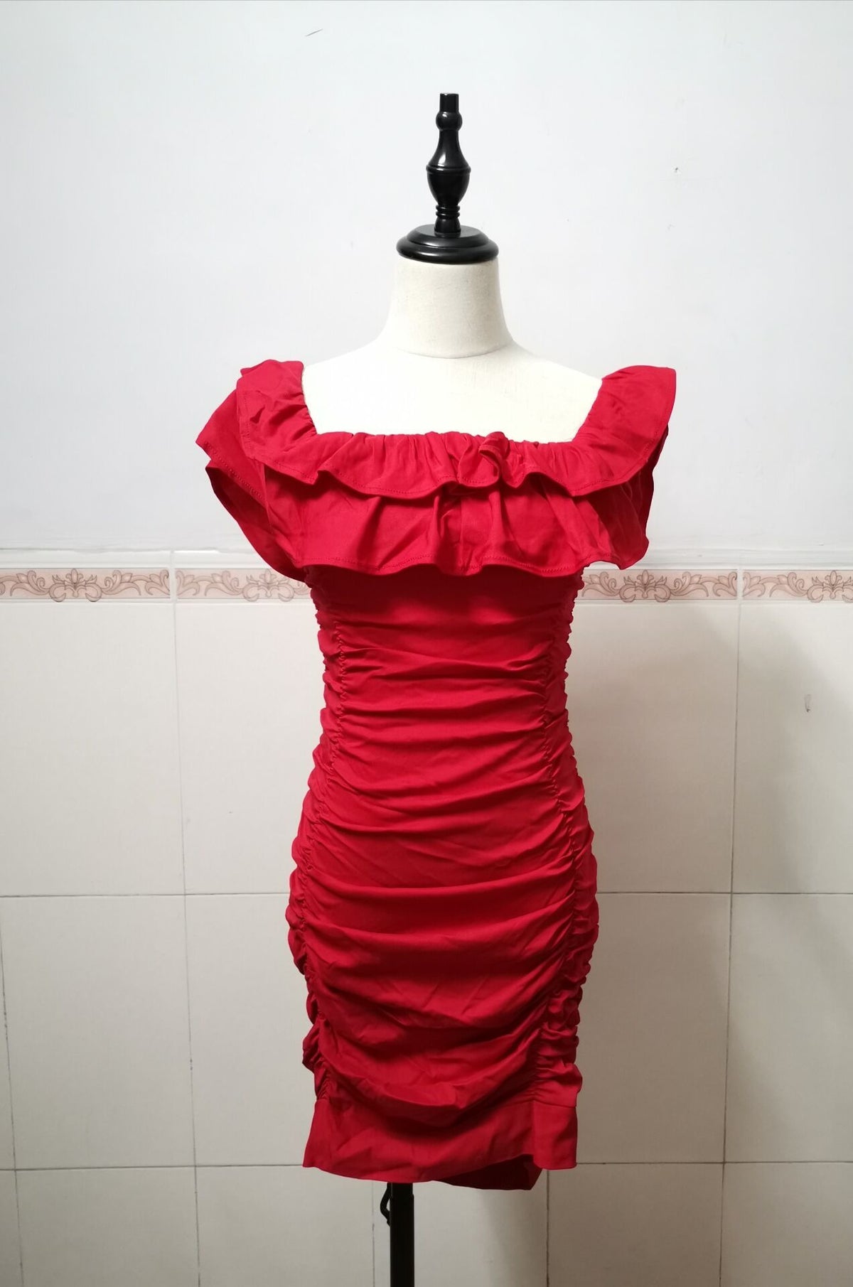 Women's Off Shoulder Ruched Ruffled Bodycon Dress