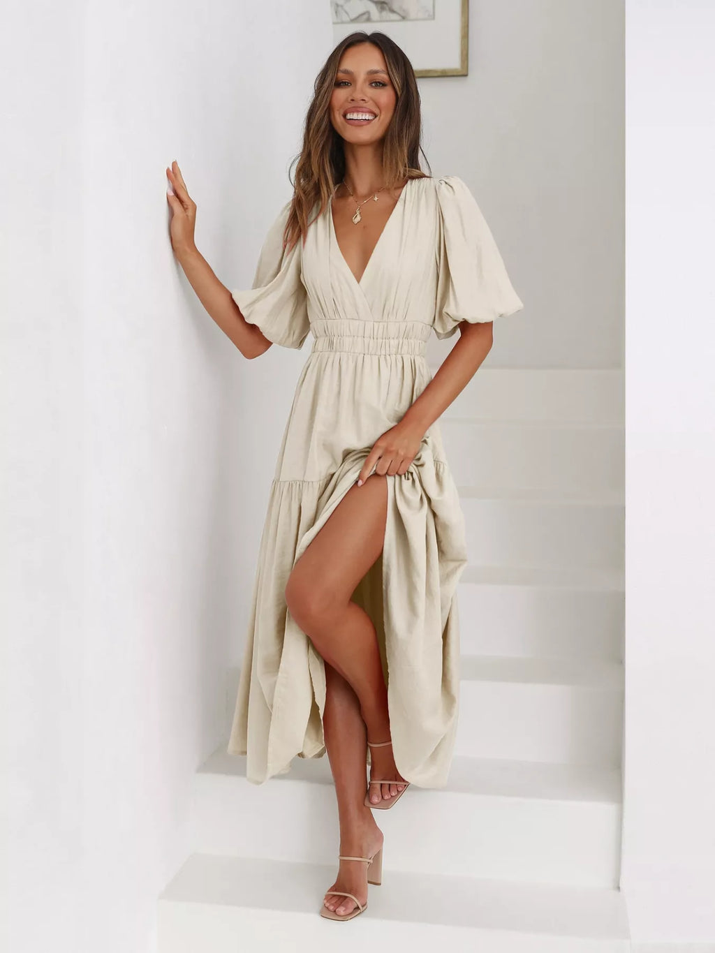 Textured white surplice short sleeve midi dress