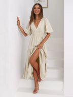 Textured white surplice short sleeve midi dress