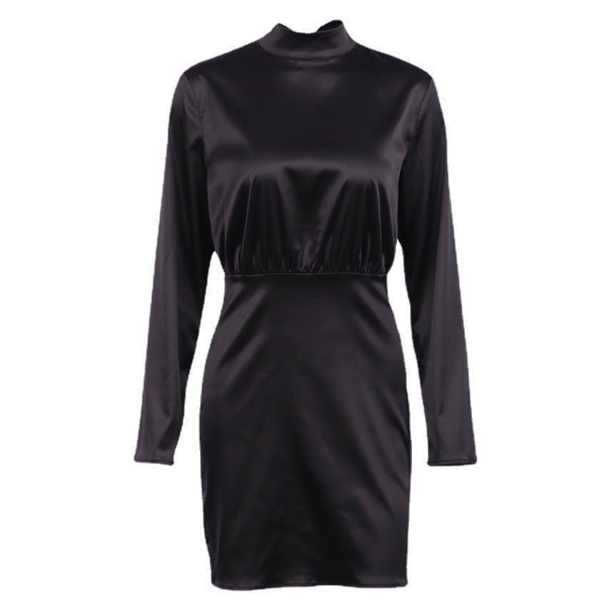 Chic mini dress featuring satin waistband and structured polyester fabric
