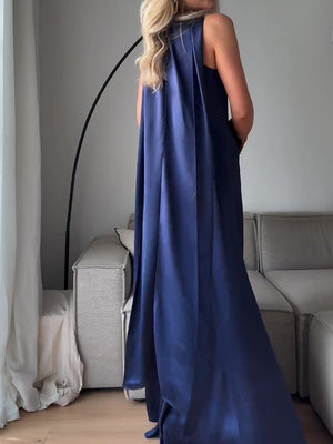 royal blue satin sleeveless maxi dress