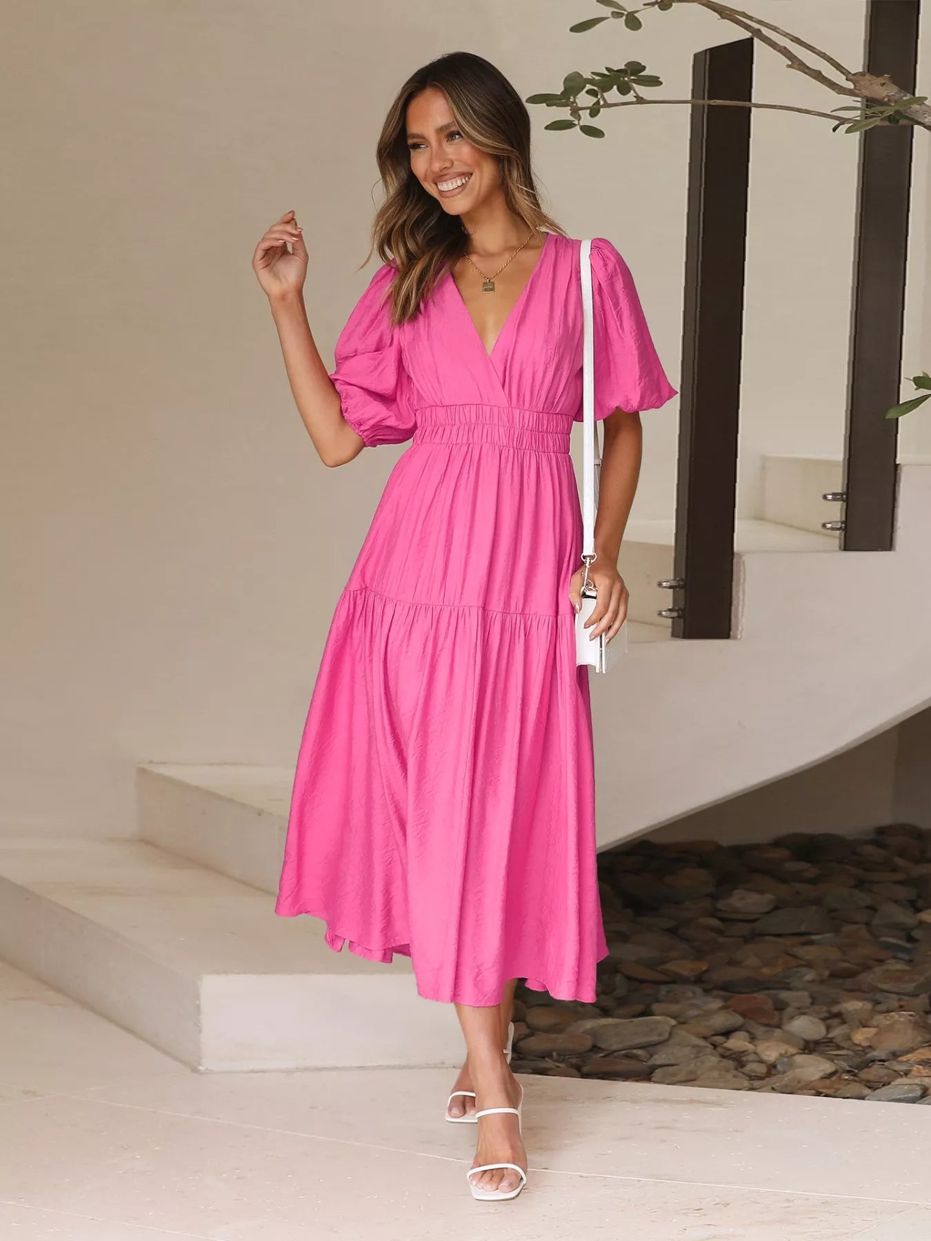Textured white surplice short sleeve midi dress