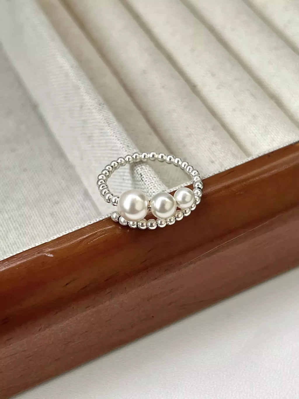 925 sterling silver triple pearl bypass ring with beaded detail