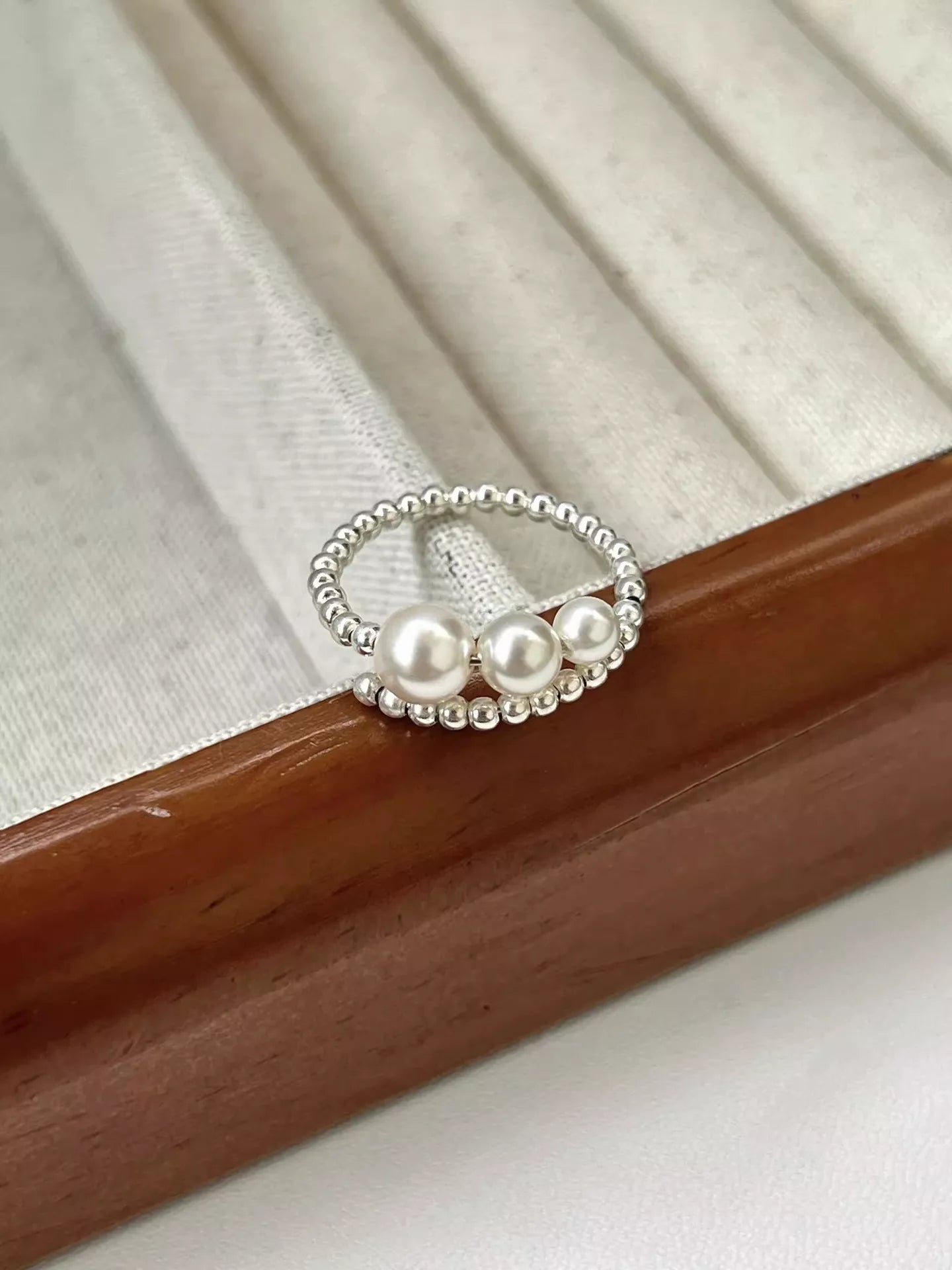 925 sterling silver triple pearl bypass ring with beaded detail
