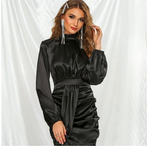 Turtleneck satin silk short bodycon dress