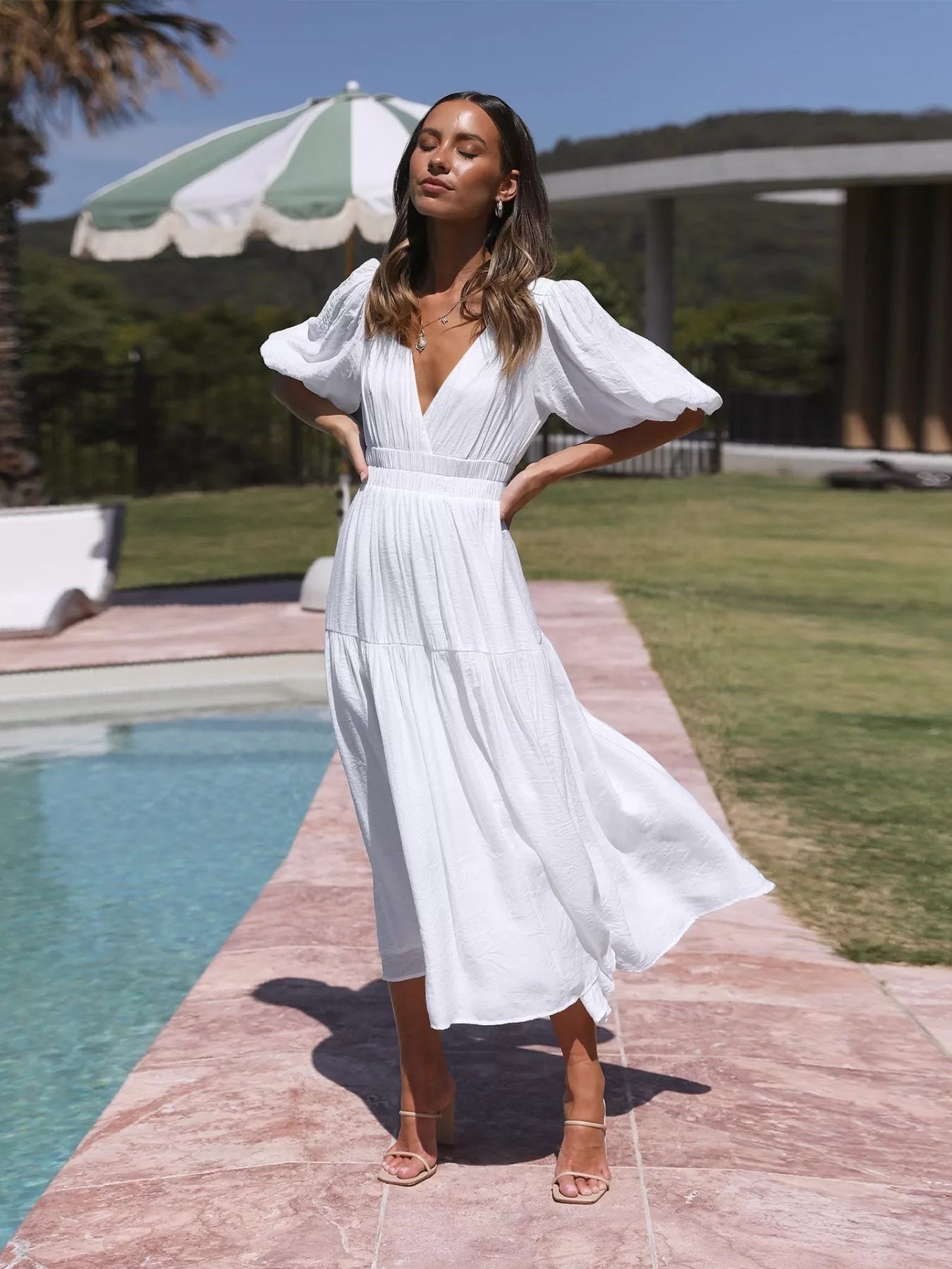 Textured white surplice short sleeve midi dress